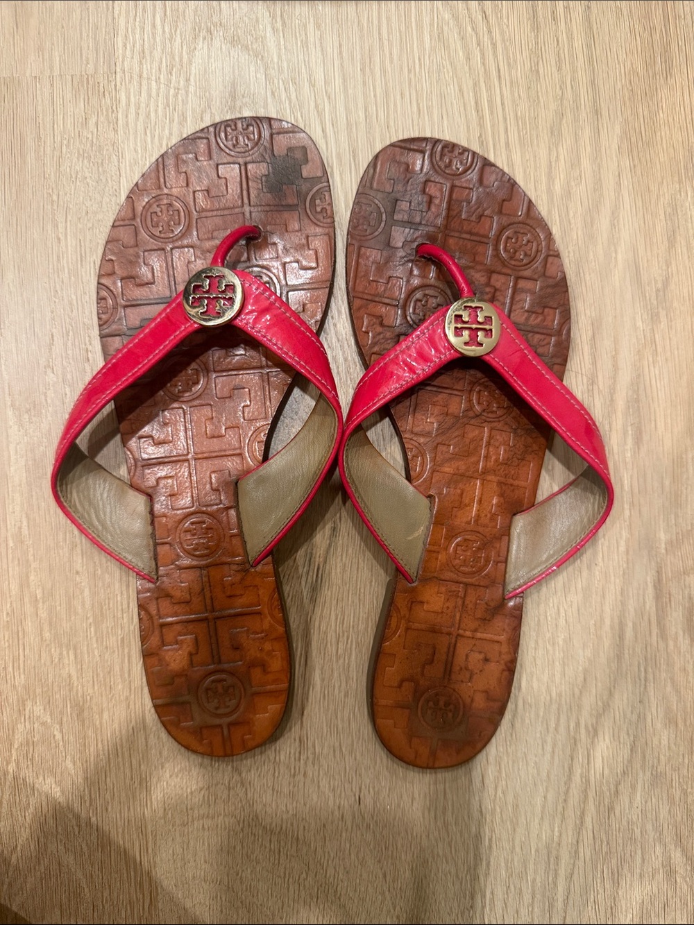 Tory Burch Red Leather Logo Thong Flip Flops